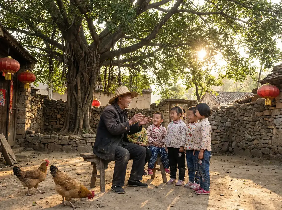 老人在大榕树下给孩子们讲故事 - 情人结网 乡村记忆